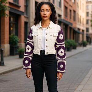 Women's White and Purple Crochet Sleeve Jacket size Medium